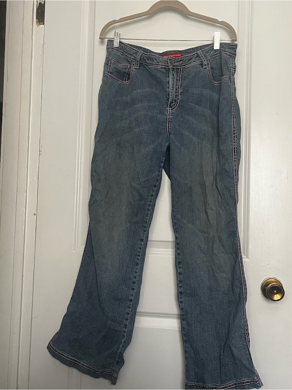 Women's Blue Flare Jeans with Pink Contrast Stitching